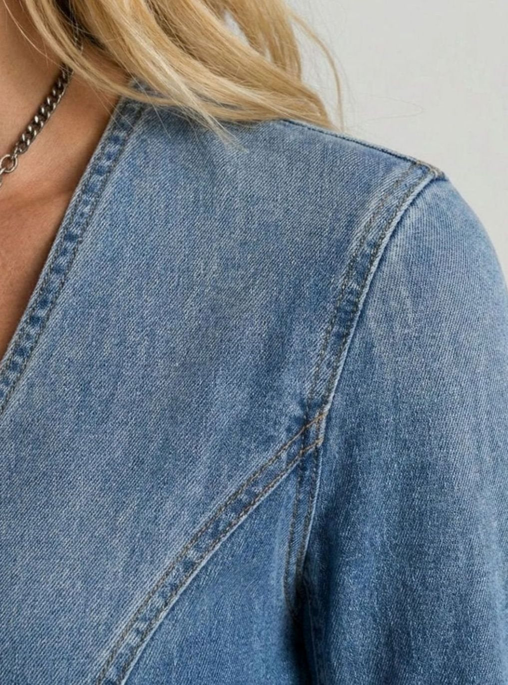 Women's Long-Sleeve Button-Front Deep V-Neck Denim Maxi Dress