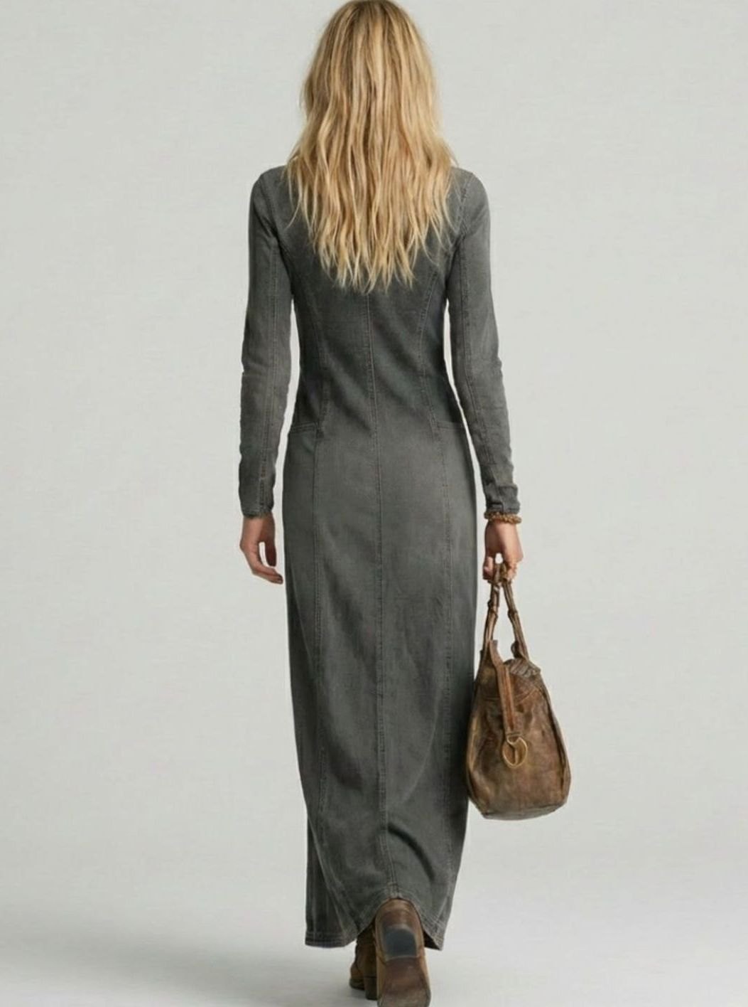 Women's Long-Sleeve Button-Front Deep V-Neck Denim Maxi Dress