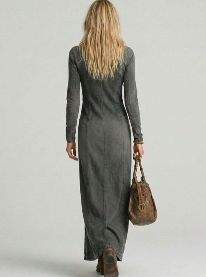 Women's Long-Sleeve Button-Front Deep V-Neck Denim Maxi Dress, Blue