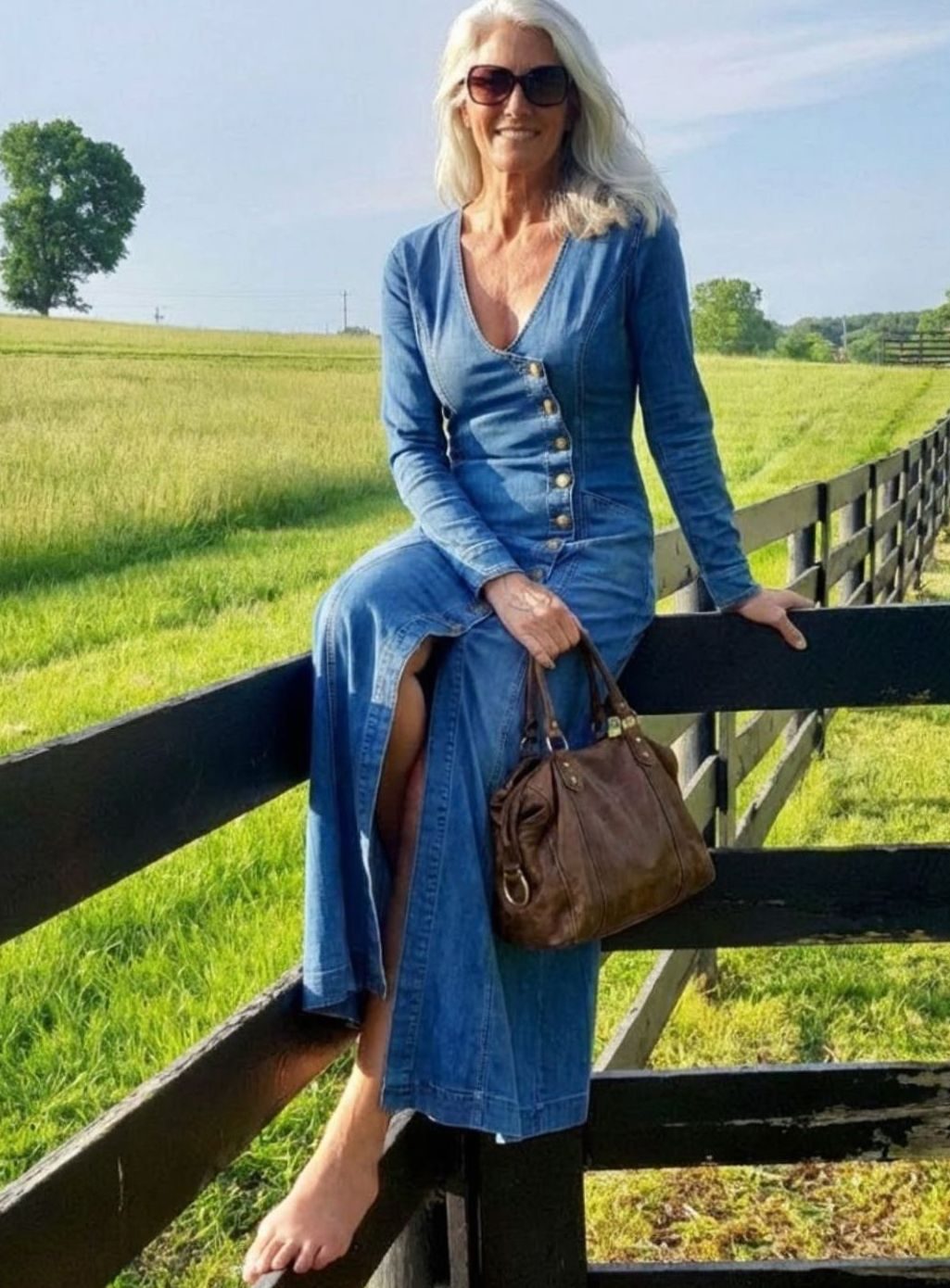 Women's Long-Sleeve Button-Front Deep V-Neck Denim Maxi Dress
