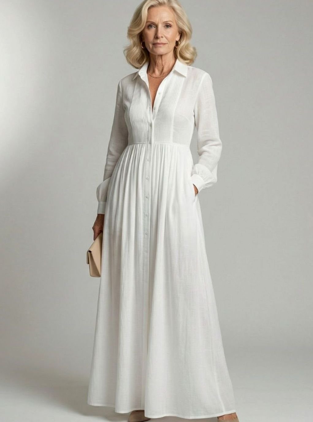Women's Long Sleeve Button-Front Gathered Maxi Shirt Dress, White