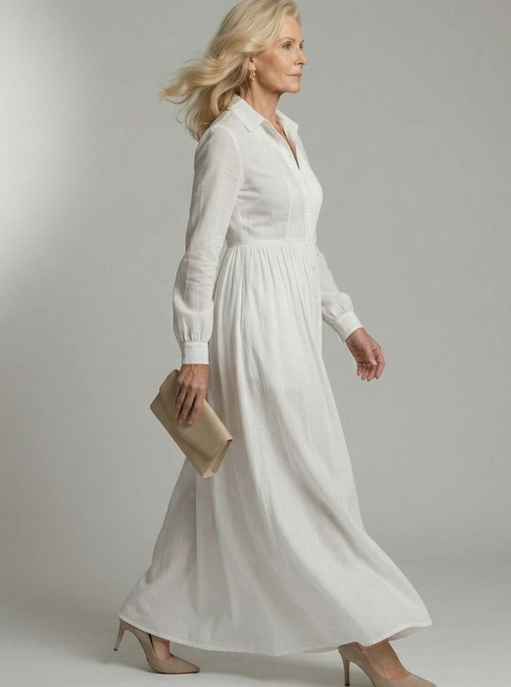 Women's Long Sleeve Button-Front Gathered Maxi Shirt Dress, White