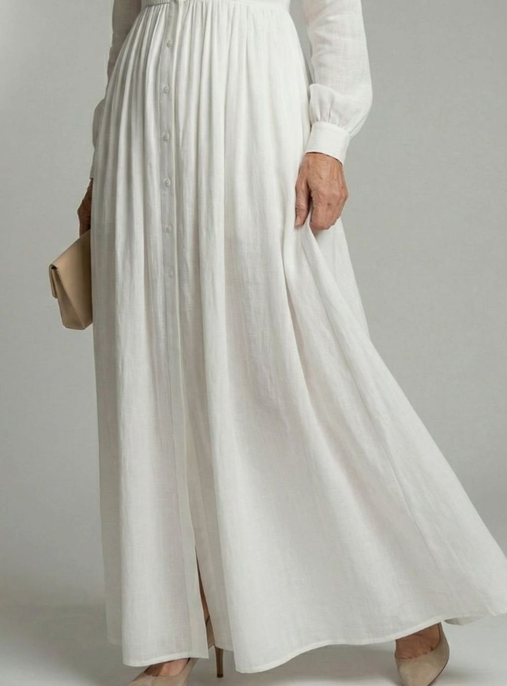 Women's Long Sleeve Button-Front Gathered Maxi Shirt Dress, White