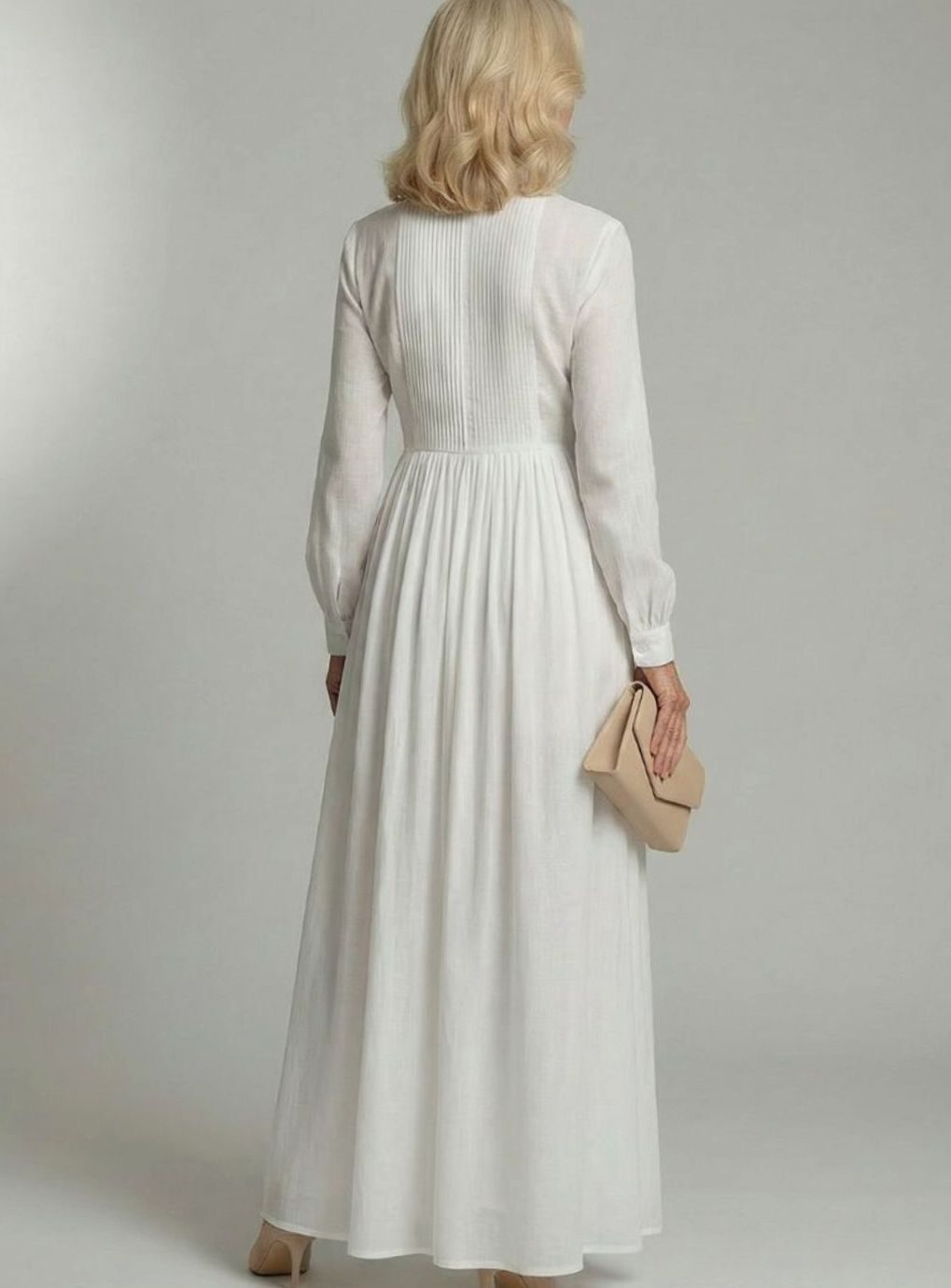 Women's Long Sleeve Button-Front Gathered Maxi Shirt Dress, White