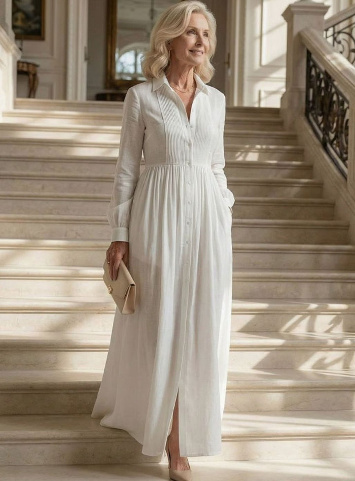 Women's Long Sleeve Button-Front Gathered Maxi Shirt Dress, White