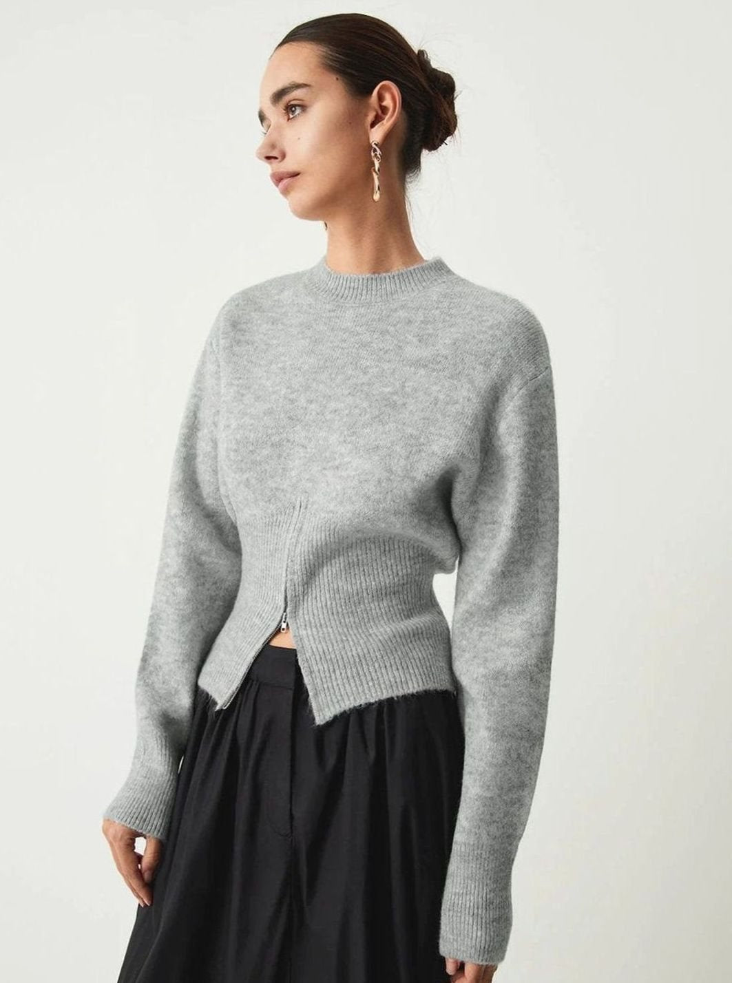 Women's Long-Sleeve Half-Zip Knitted Jumper Ribbed Hem