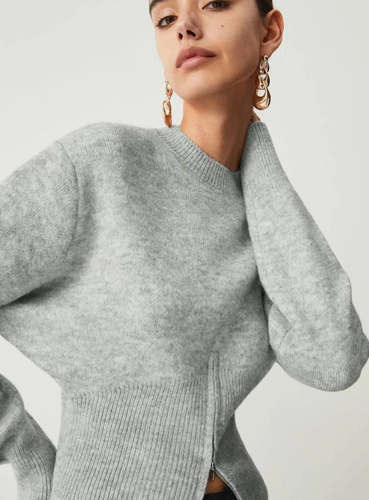 Women's Long-Sleeve Half-Zip Knitted Jumper Ribbed Hem