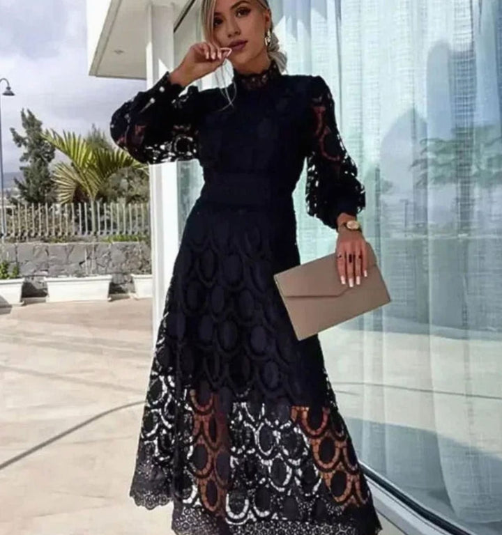 Women's Long Sleeve Lace Midi Dress High Neck Scalloped Hem