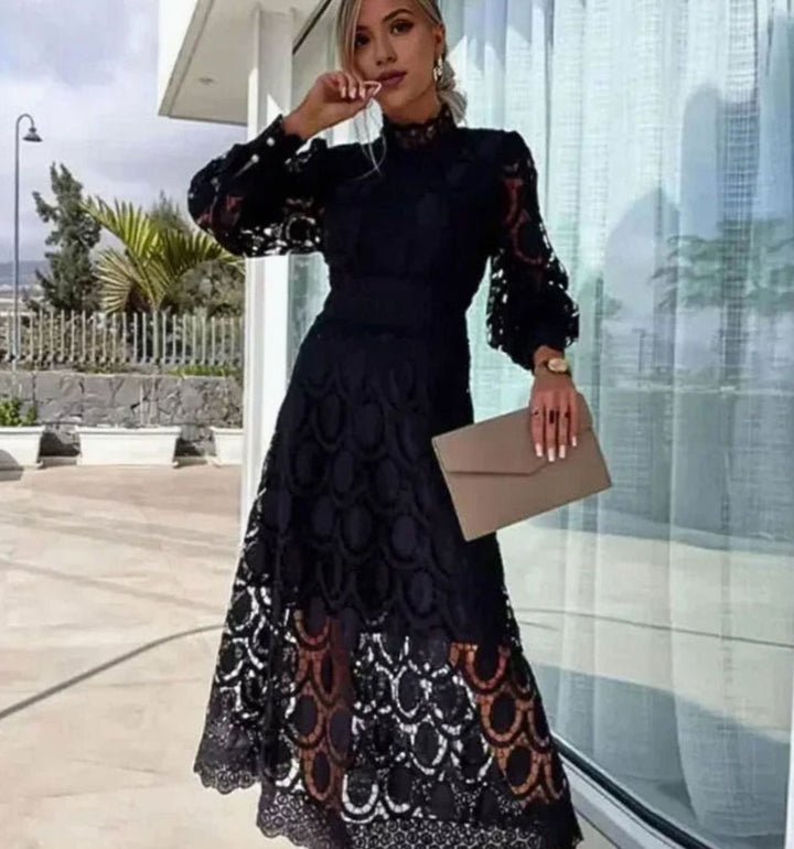 Women's Long Sleeve Lace Midi Dress High Neck Scalloped Hem