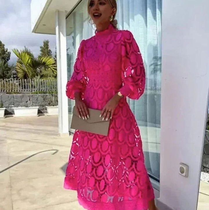 Women's Long Sleeve Lace Midi Dress High Neck Scalloped Hem