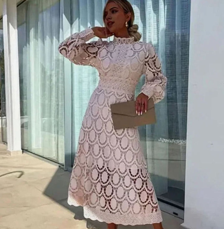 Women's Long Sleeve Lace Midi Dress High Neck Scalloped Hem