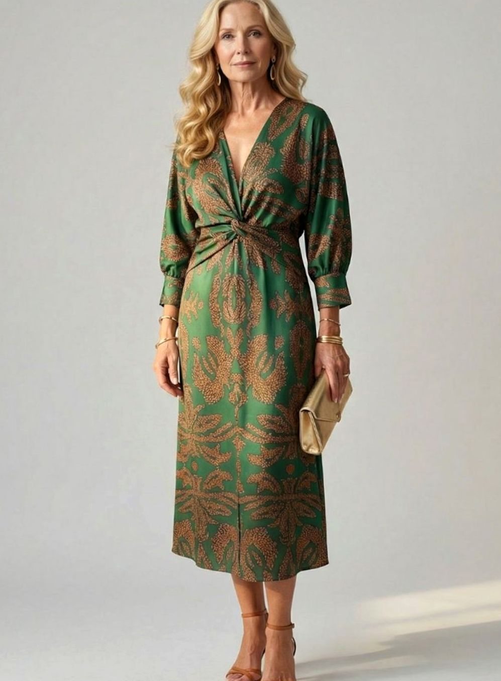 Women's Long Sleeve Midi Dress Twist-Front V-Neck Botanical Print