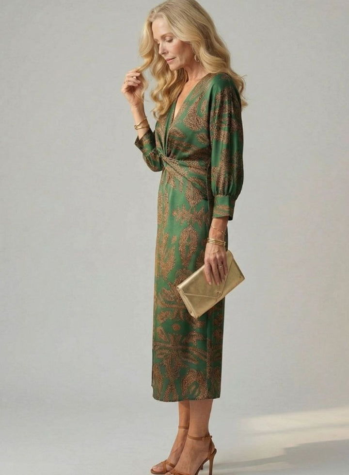 Women's Long Sleeve Midi Dress Twist-Front V-Neck Botanical Print
