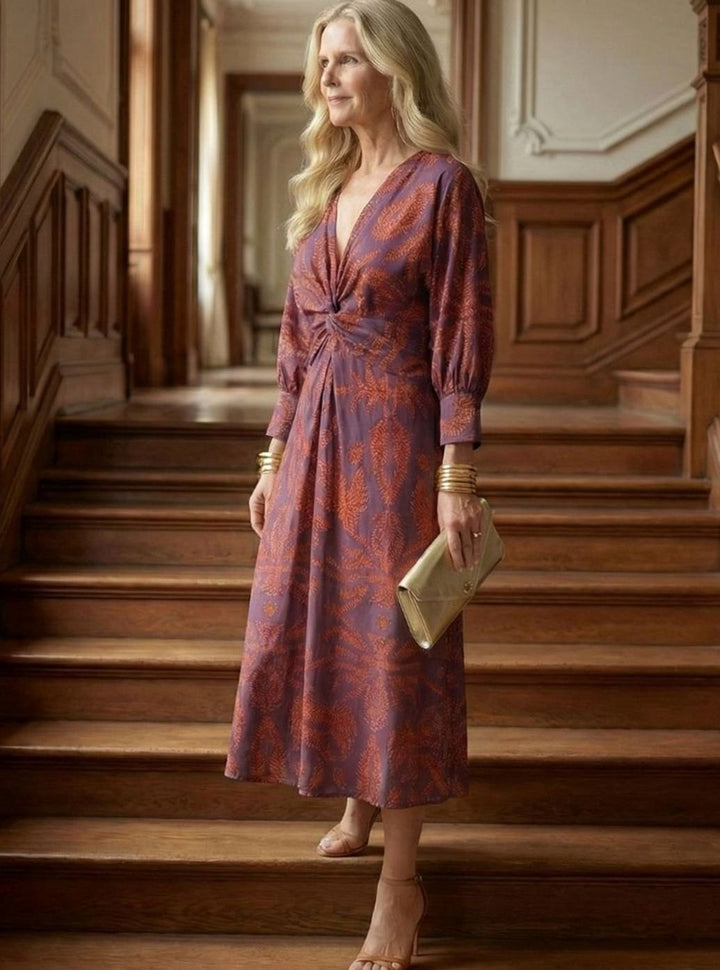 Women's Long Sleeve Midi Dress Twist-Front V-Neck Botanical Print
