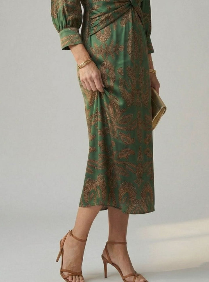 Women's Long Sleeve Midi Dress Twist-Front V-Neck Botanical Print