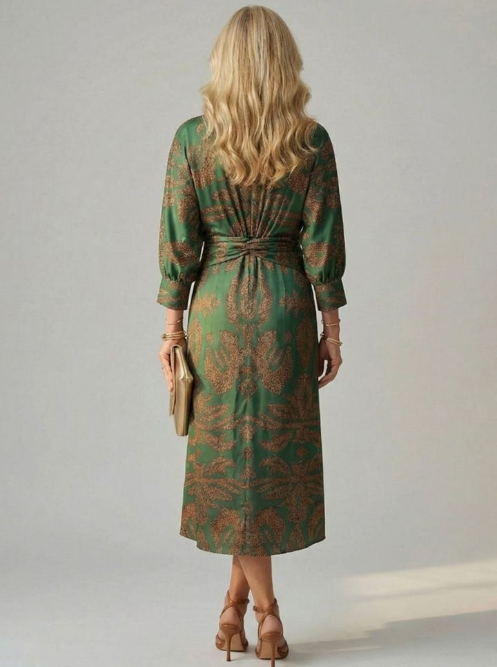 Women's Long Sleeve Midi Dress Twist-Front V-Neck Botanical Print