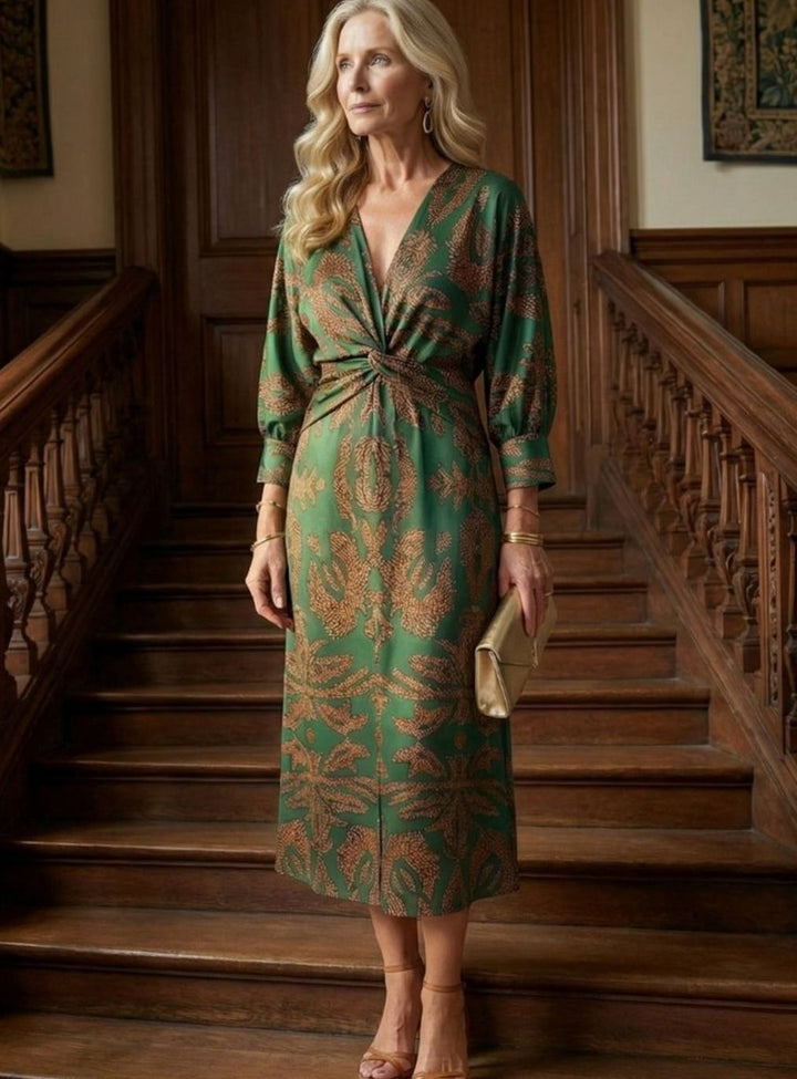 Women's Long Sleeve Midi Dress Twist-Front V-Neck Botanical Print