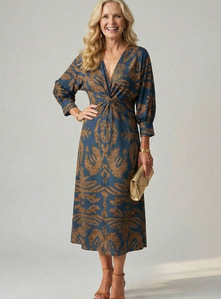 Women's Long Sleeve Midi Dress Twist-Front V-Neck Botanical Print