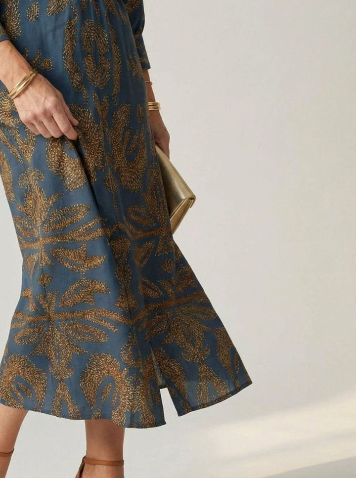 Women's Long Sleeve Midi Dress Twist-Front V-Neck Botanical Print
