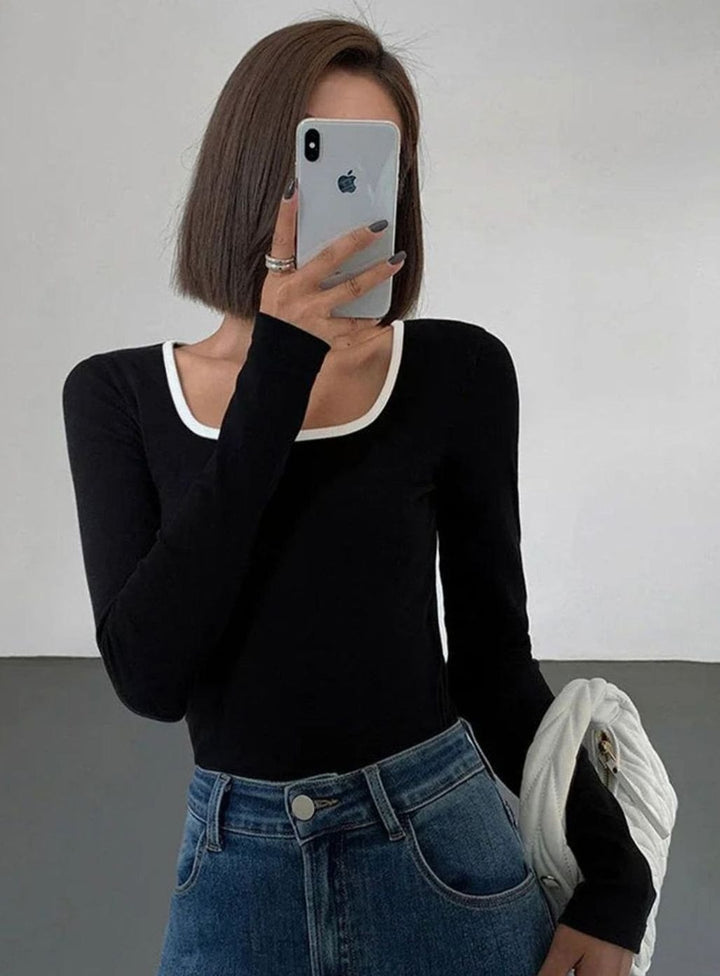 Women's Long-Sleeve Square-Neck Contrast-Trim Fitted Top
