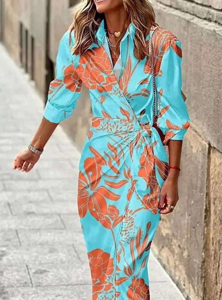Women's Long-Sleeve Striped Wrap Midi Dress Self-Tie Waist