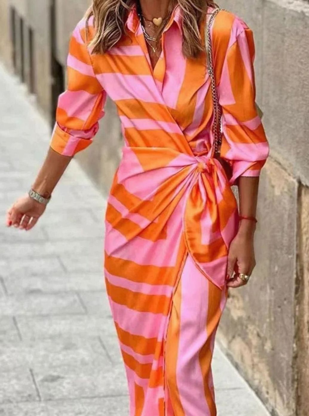 Women's Long-Sleeve Striped Wrap Midi Shirt Dress