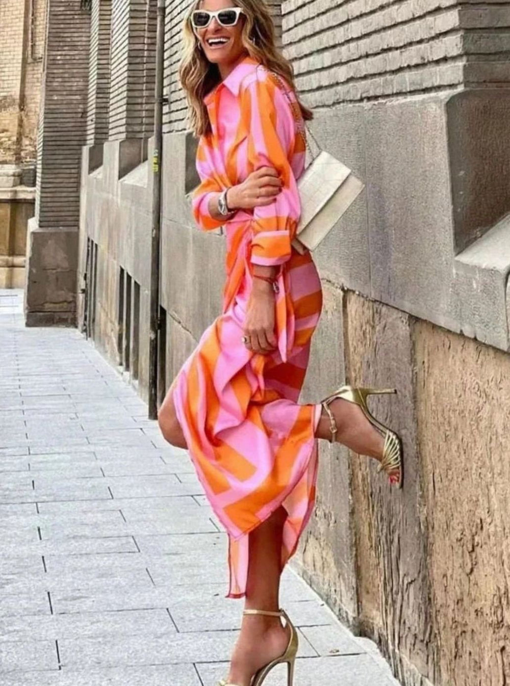 Women's Long-Sleeve Striped Wrap Midi Shirt Dress