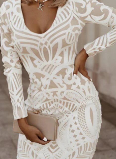 Women's Long-Sleeve V-Neck Bodycon Mini Dress Geometric Pattern - White