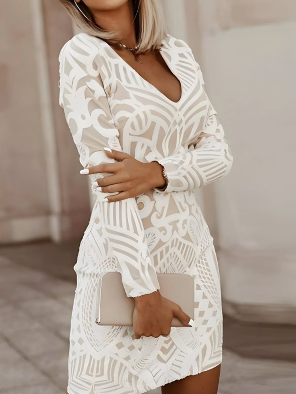 Women's Long-Sleeve V-Neck Bodycon Mini Dress Geometric Pattern