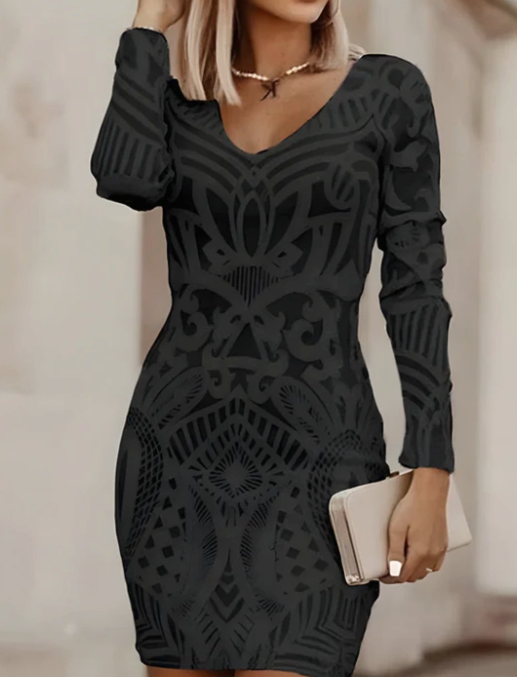 Women's Long-Sleeve V-Neck Bodycon Mini Dress Geometric Pattern - Black
