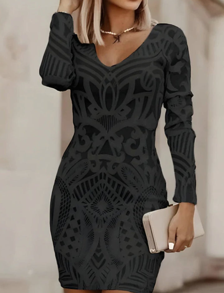 Women's Long-Sleeve V-Neck Bodycon Mini Dress Geometric Pattern - Black