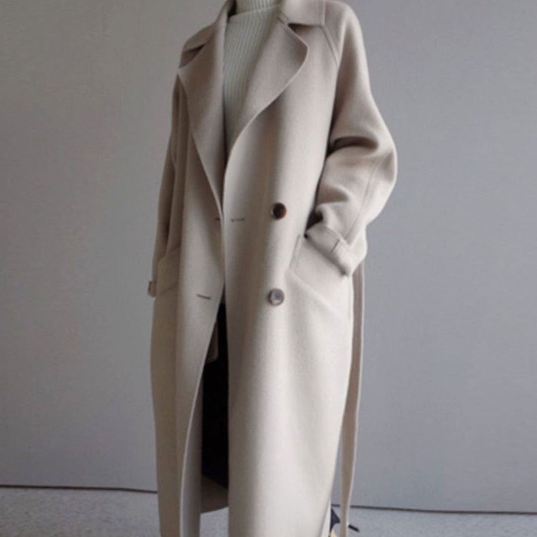 Women's Long Wool Blend Double-Breasted Lapel Coat - Beige