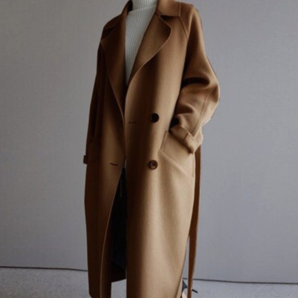 Women's Long Wool Blend Double-Breasted Lapel Coat - Caramel Orange
