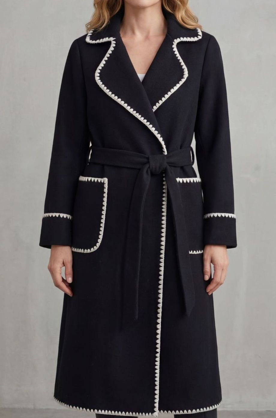 Women's Longline Belted Wool Coat Contrast Trim - Black