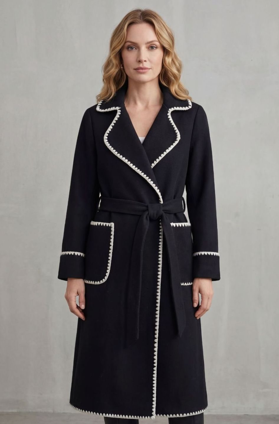 Women's Longline Belted Wool Coat Contrast Trim