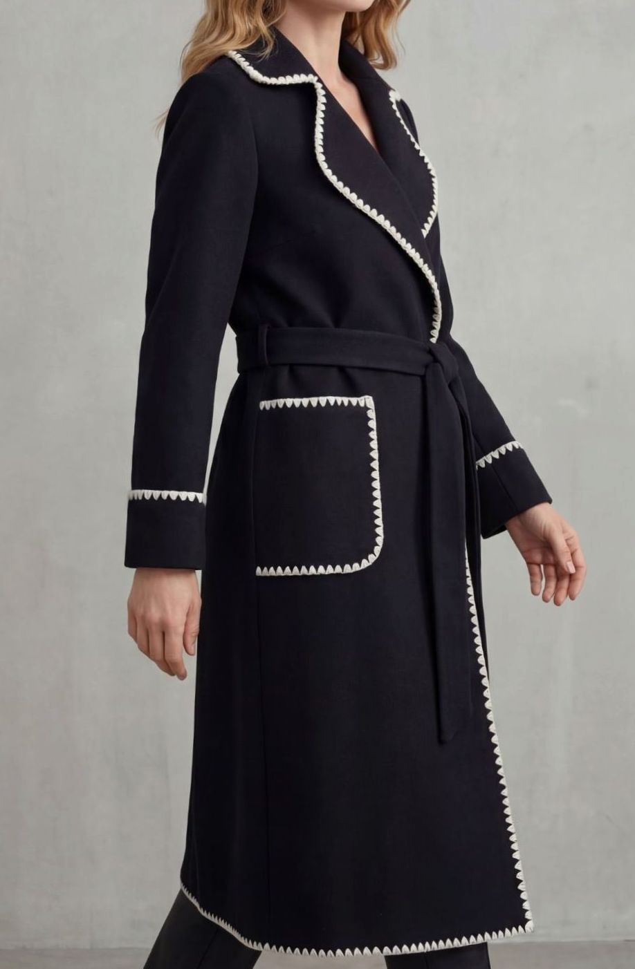 Women's Longline Belted Wool Coat Contrast Trim
