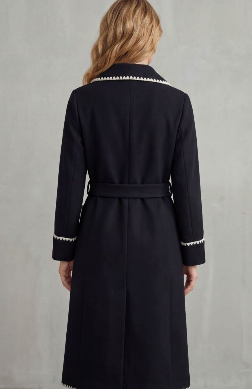 Women's Longline Belted Wool Coat Contrast Trim