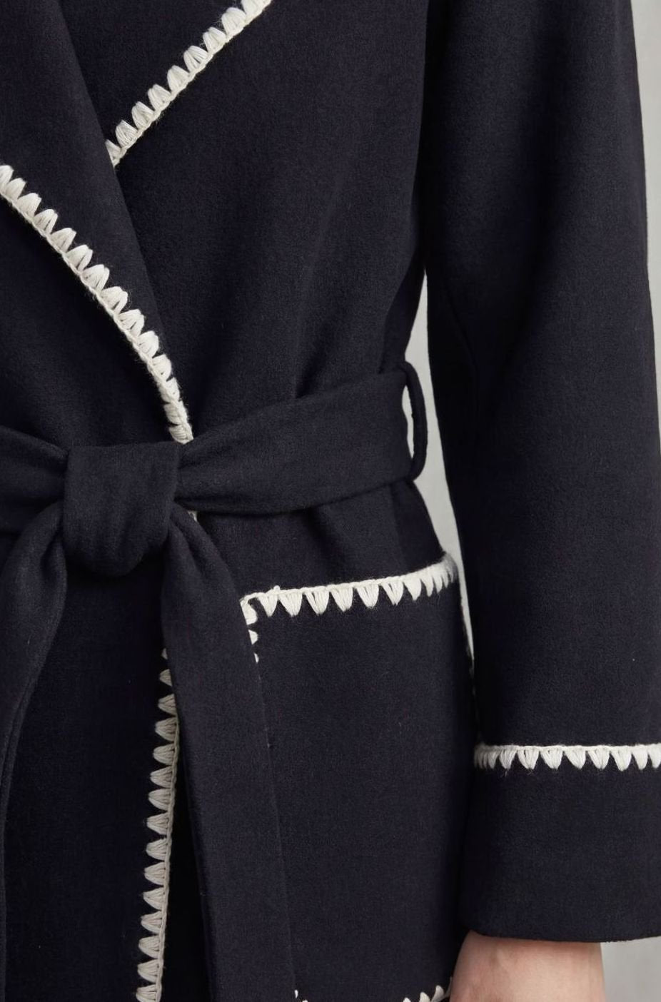 Women's Longline Belted Wool Coat Contrast Trim