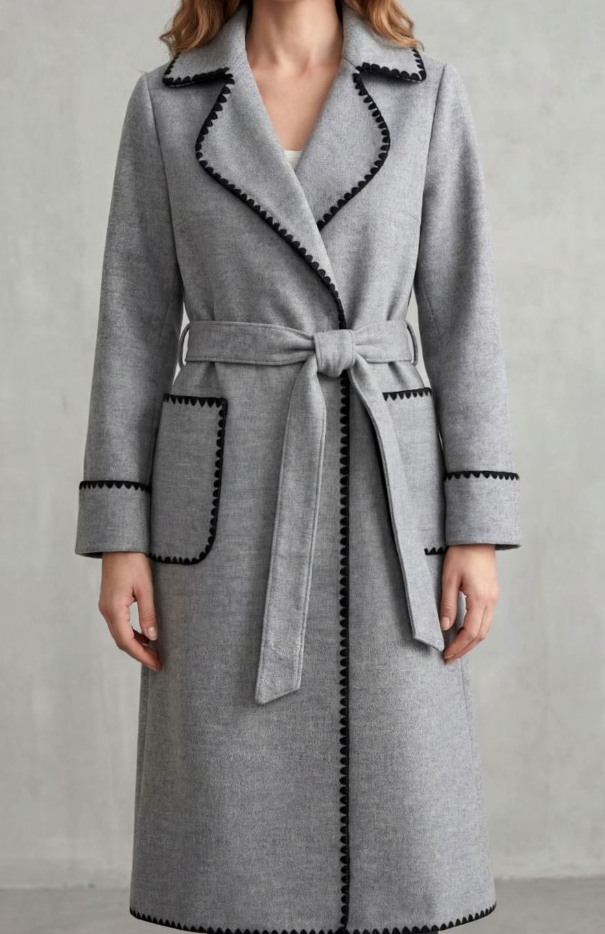 Women's Longline Belted Wool Coat Contrast Trim - Grey