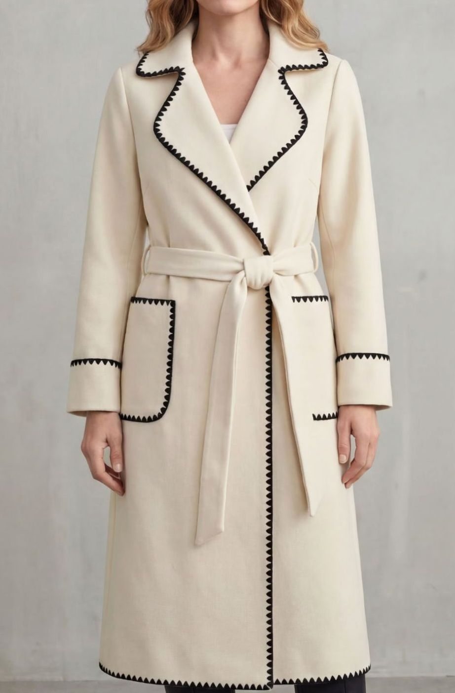 Women's Longline Belted Wool Coat Contrast Trim - Cream