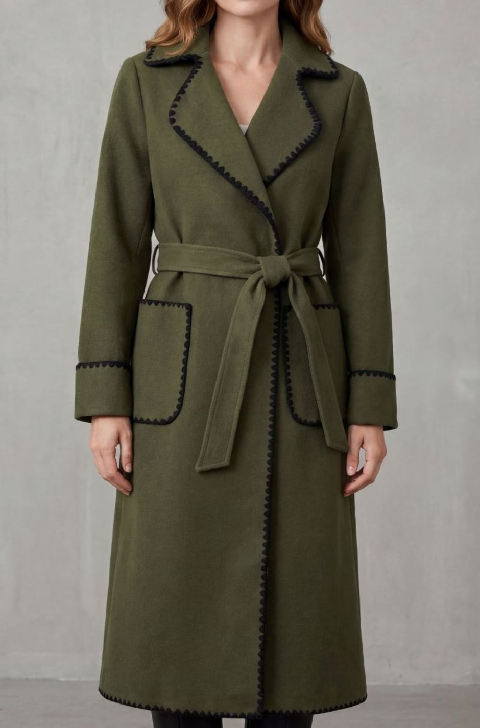 Women's Longline Belted Wool Coat Contrast Trim - Olive
