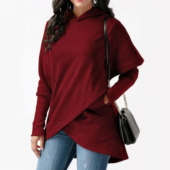 Women's Longline Hooded Asymmetric Cape-Overlay Sweatshirt - Burgundy