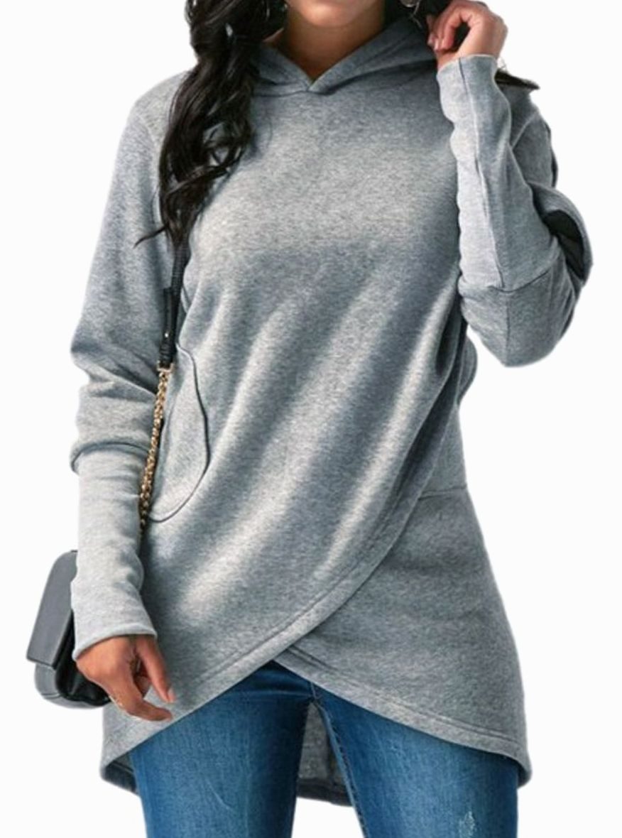 Women's Longline Hooded Asymmetric Cape-Overlay Sweatshirt - Grey