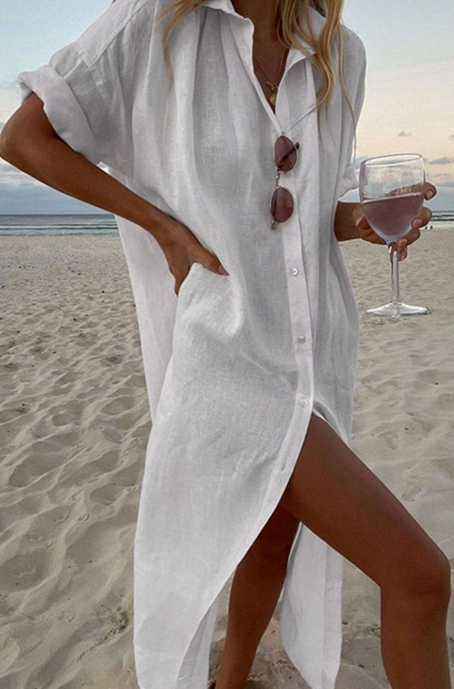 Women's Loose-Fit Button-Front Linen Midi Shirt Dress