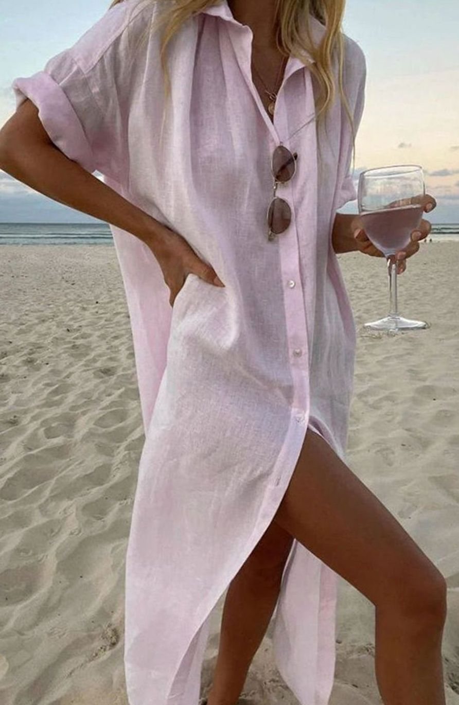 Women's Loose-Fit Button-Front Linen Midi Shirt Dress