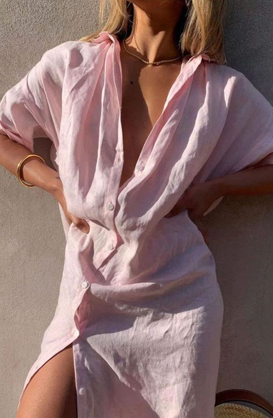 Women's Loose-Fit Button-Front Linen Midi Shirt Dress