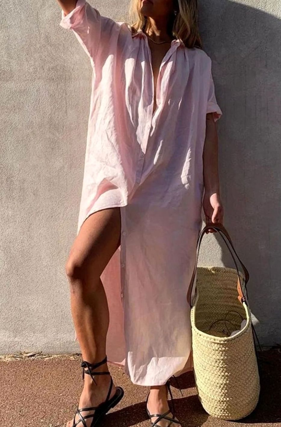 Women's Loose-Fit Button-Front Linen Midi Shirt Dress