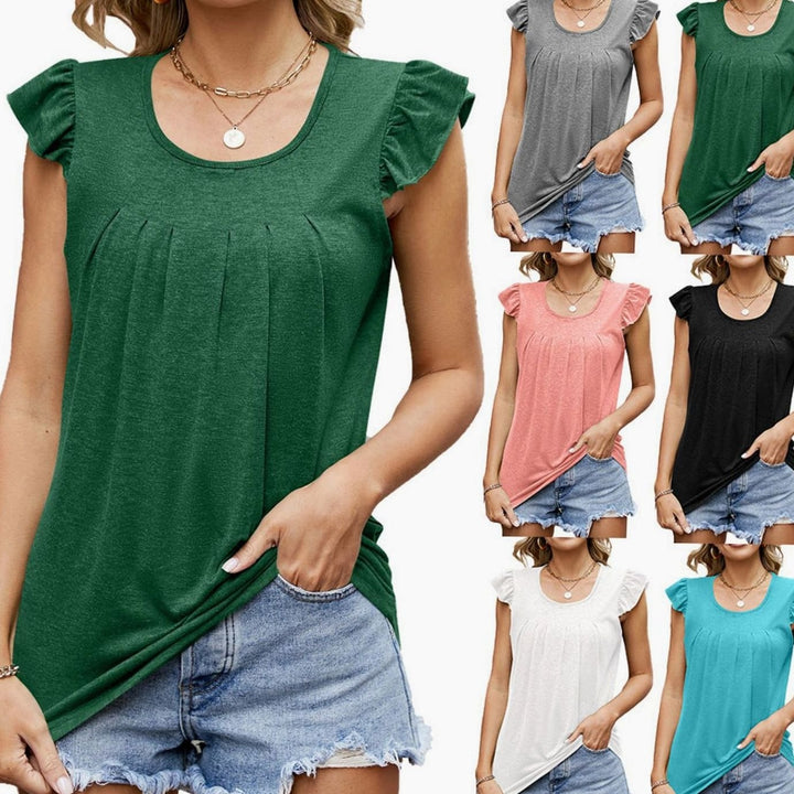 Women's Loose-Fit Ruffle-Sleeve Pleated Scoop-Neck Blouse Top