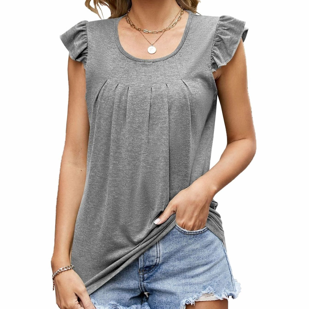 Women's Loose-Fit Ruffle-Sleeve Pleated Scoop-Neck Blouse Top - Grey