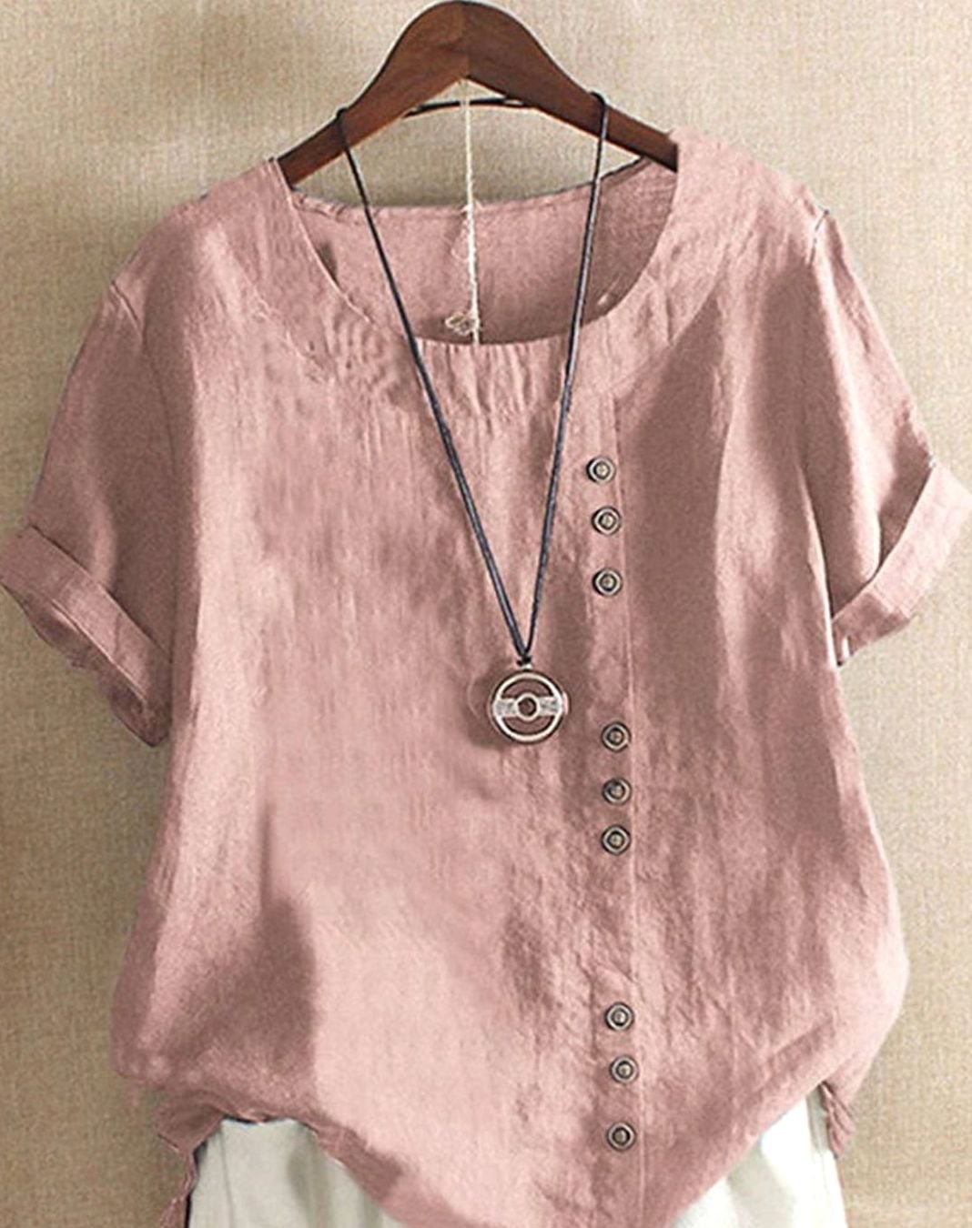 Women's Loose-Fit Short-Sleeve Asymmetric Button Crew Neck Blouse